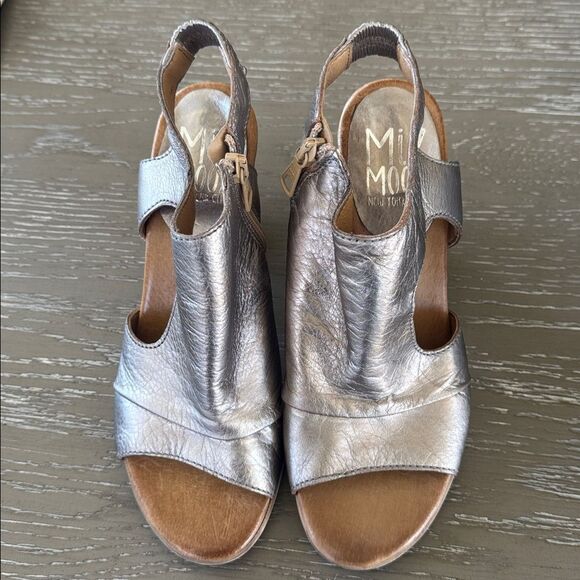 Miz Mooz Metallic Pewter Leather Heeled Sandals Open Toe Shoes Slingback Size 38 - Picture 2 of 12